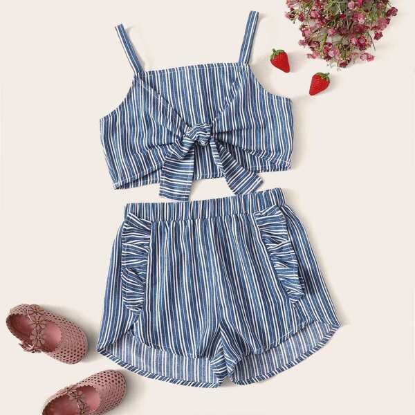 

Girls Knot Front Striped Crop Cami Top & Ruffle Trim Shorts Set