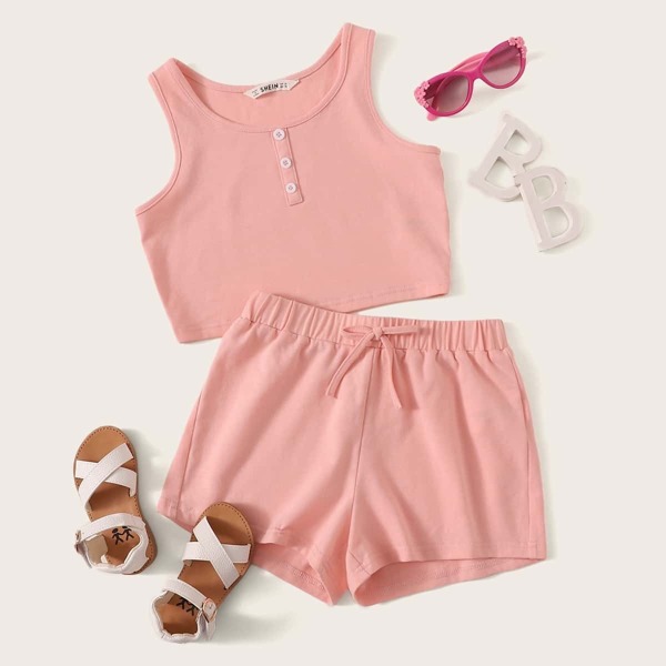 

Girls Button Front Tank Top & Knot Front Shorts Set