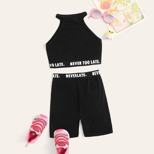 

Girls Letter Tape Trim Rib-knit Top & Shorts Set