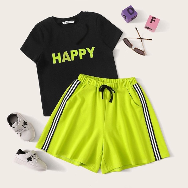 

Girls Letter Print Top & Neon Lime Contrast Striped Sweat Shorts Set, Multicolor