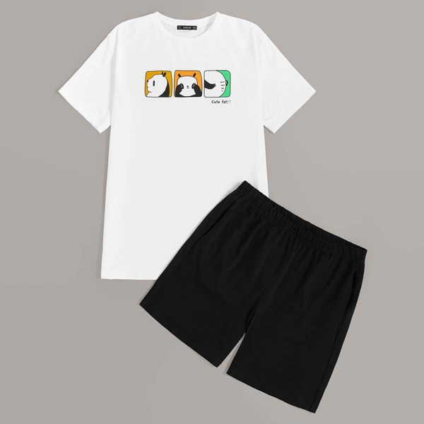

Men Panda Print Top & Shorts PJ Set