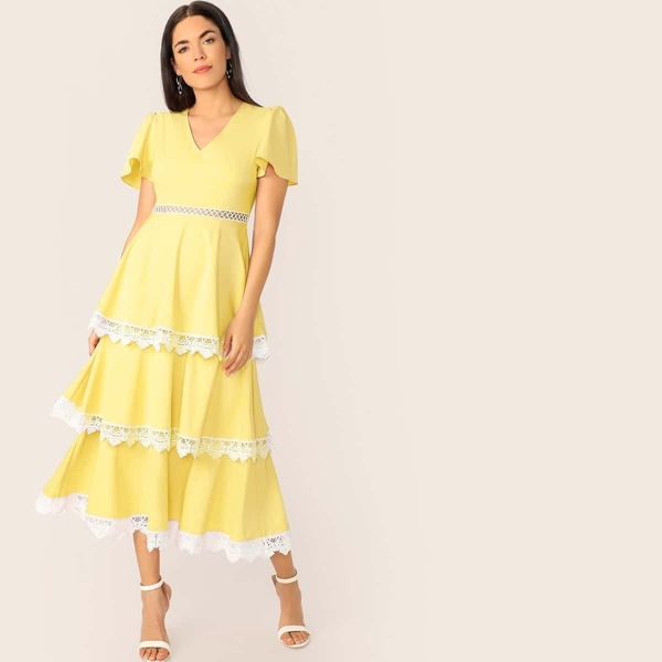 

Flutter Sleeve Lace Trim Layered Dress, Yellow