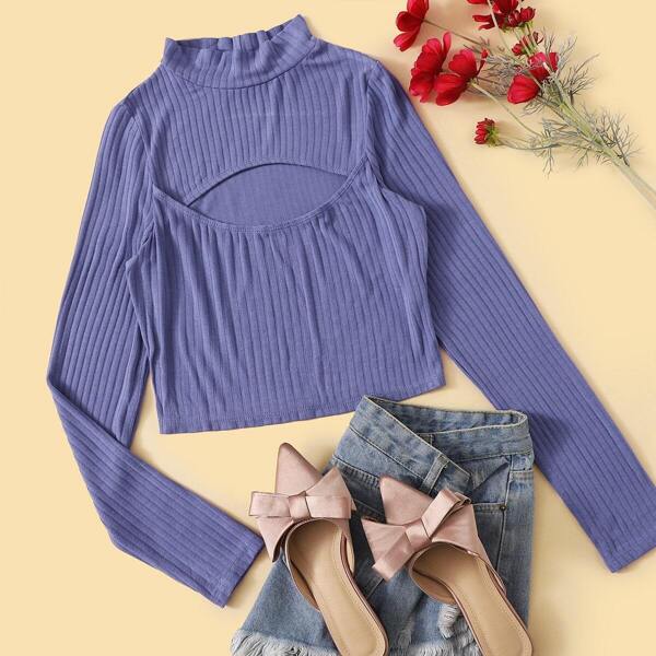 

Mock Neck Cutout Front Rib-knit Top, Purple