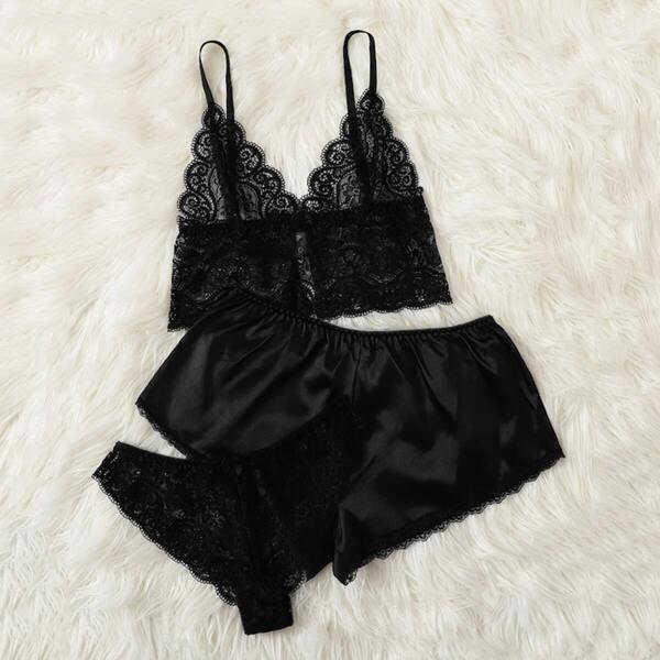 

Plus Lace Lingerie Set With Satin Shorts 3pack