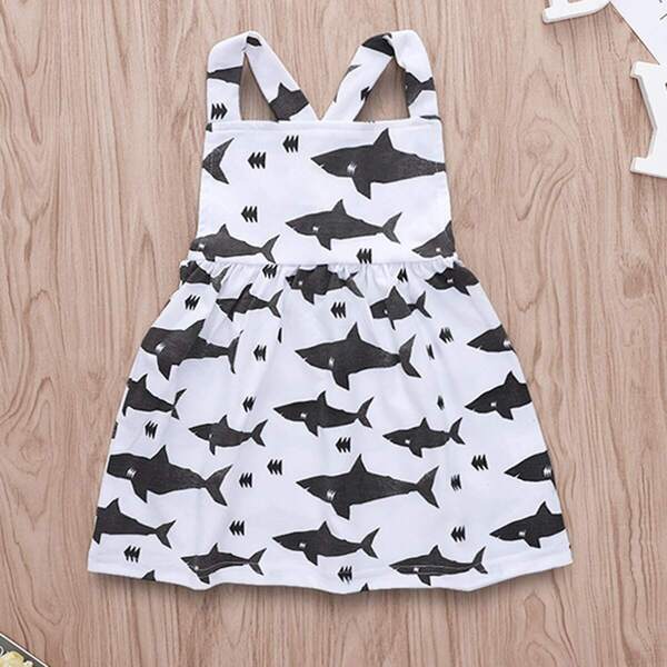 

Toddler Girls Allover Shark Print Pinafore Dress, Black and white