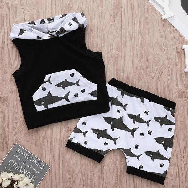 

Toddler Boys Shark Print Sleeveless Hooded Tee With Shorts