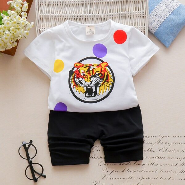 

Toddler Boys Tiger Face Print Tee With Shorts, Black and white
