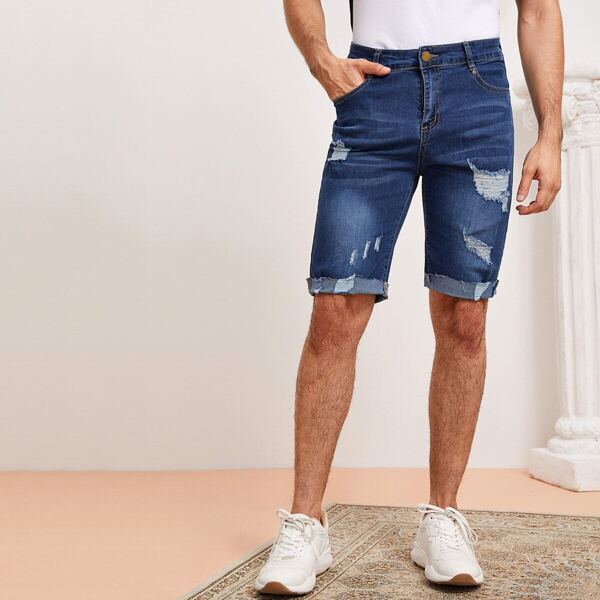 

Men Roll Up Hem Ripped Bermuda Denim Shorts