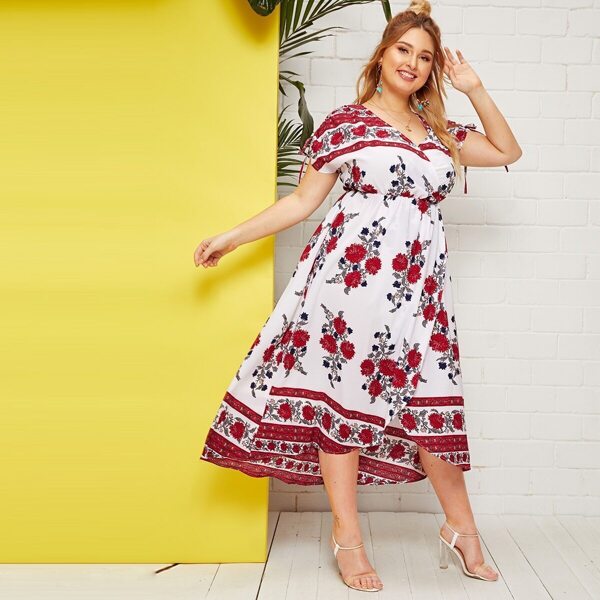 

Plus Floral Print Drawstring Cuff Dress