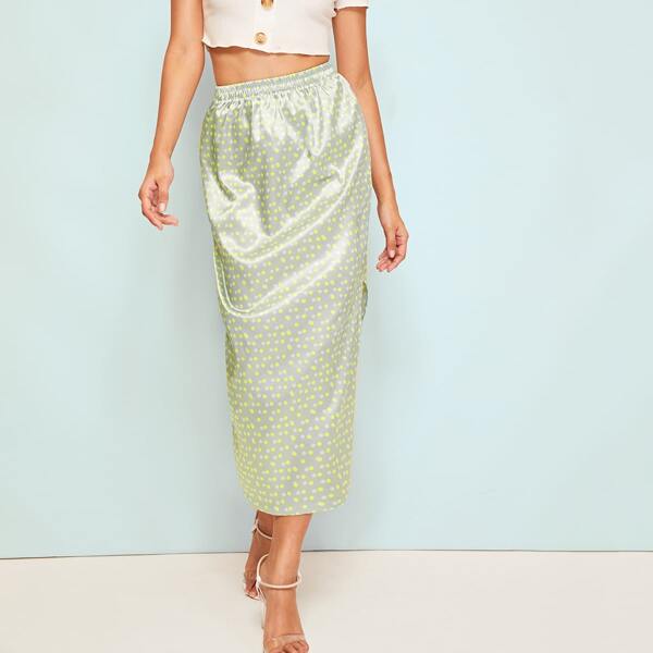 

Slit Hem Polka Dot Satin Skirt