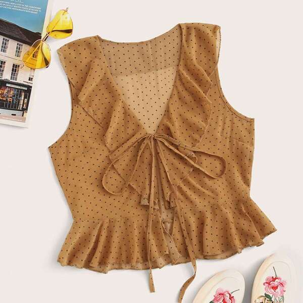 

Polka Dot Ruffle Trim Sleeveless Blouse, Brown