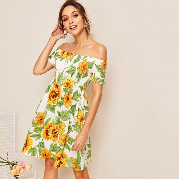 

Sunflower Print Shirred Bardot Dress