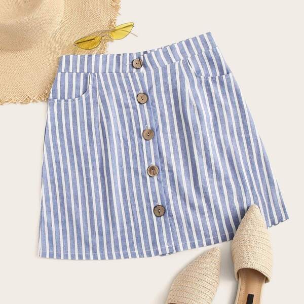 

Striped Button Through Skirt, Blue
