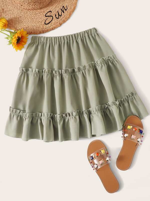

Solid Ruffle Hem A-line Skirt, Army green
