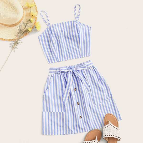 

Striped Shirred Crop Top & Button Front Belted Skirt