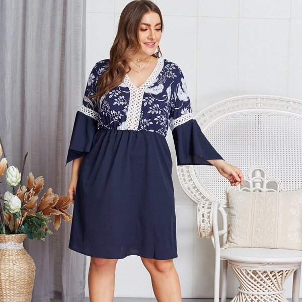 

Plus Guipure Lace Floral Print Dress, Navy