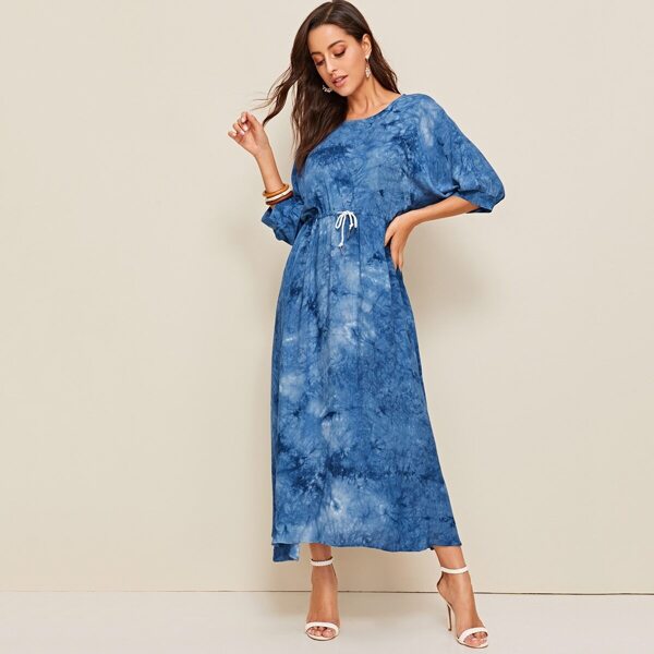 

Tie Dye Batwing Sleeve Drawstring Waist Maxi Dress