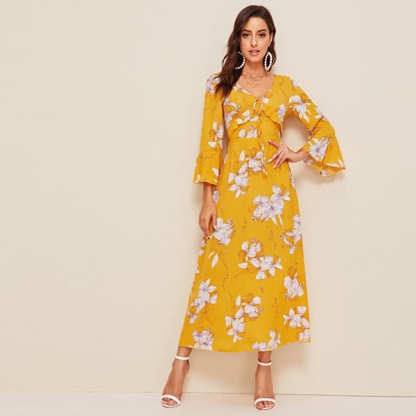 

Floral Print Flounce Sleeve Tie Back Maxi Dress, Yellow