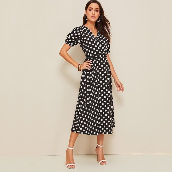

Polka Dot Print Bishop Sleeve Belted Wrap Dress, Black and white