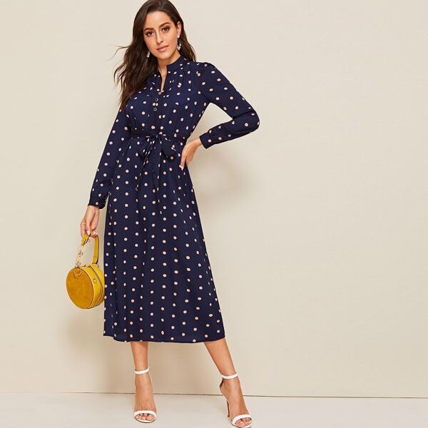 

Polka Dot Print Belted Button Trim Dress