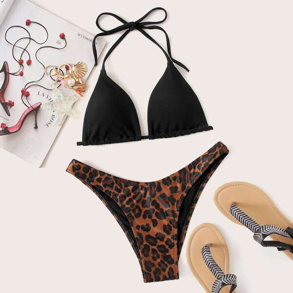 

Halter Top With Leopard High-leg Bikini Set
