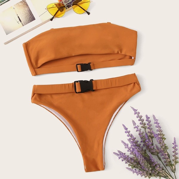 

Push Buckle Bandeau With High Waist Bikini Set