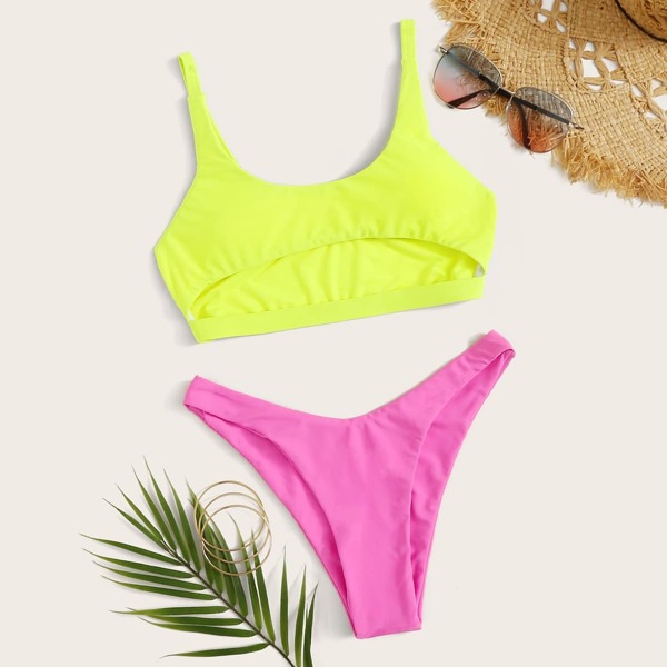 

Neon Yellow Scoop Neck Top With High Cut Bikini