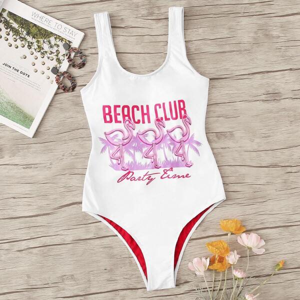 

Letter & Flamingo Print Low Back One Piece Swimsuit