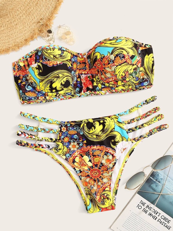 

Random Baroque Print Underwired Top With Braided Straps Bikini, Multicolor
