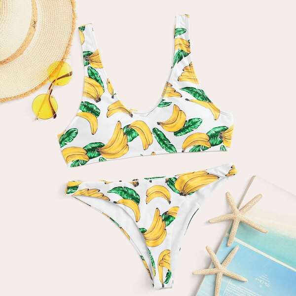

Random Banana Print Plunge Neck Bikini Set