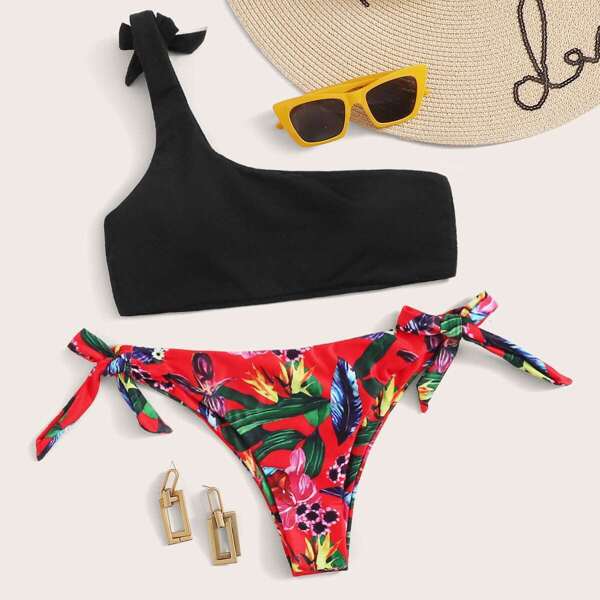 

One Shoulder Top With Tie Side Bikini Set