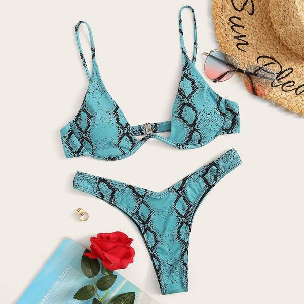 

Snakeskin Print Underwired Top With High Cut Bikini, Multicolor pastel