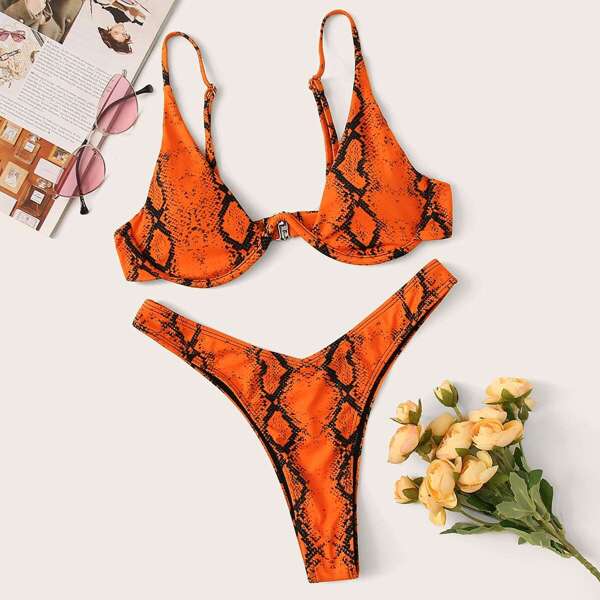 

Snakeskin Print Underwired Top With High Cut Bikini, Multicolor bright