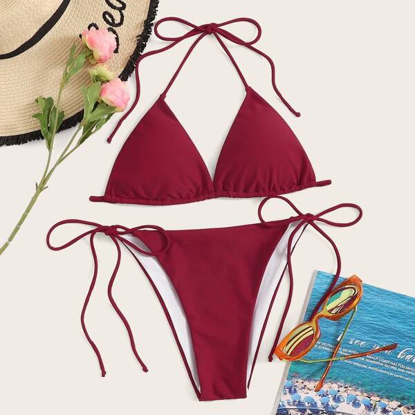 

Triangle Halter Top With Tie Side Tanga Bikini, Burgundy
