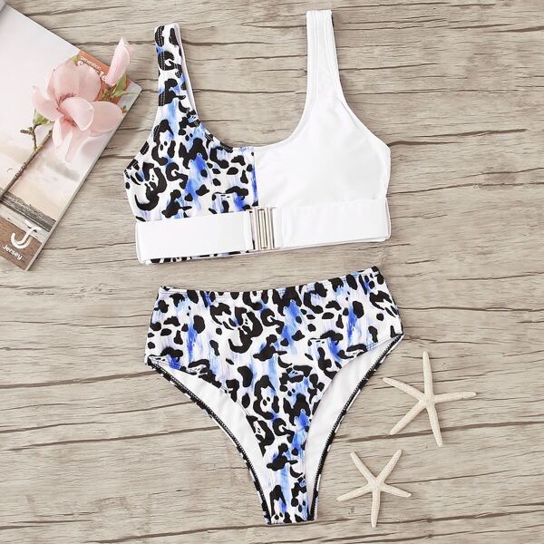 

Leopard Buckle Front Top With High Waist Bikini, Multicolor