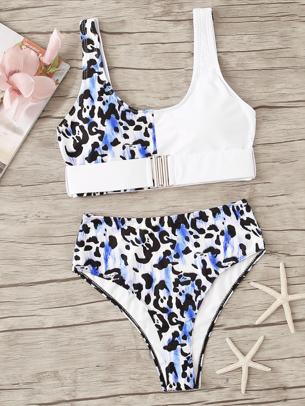 

Leopard Buckle Front Top With High Waist Bikini, Multicolor