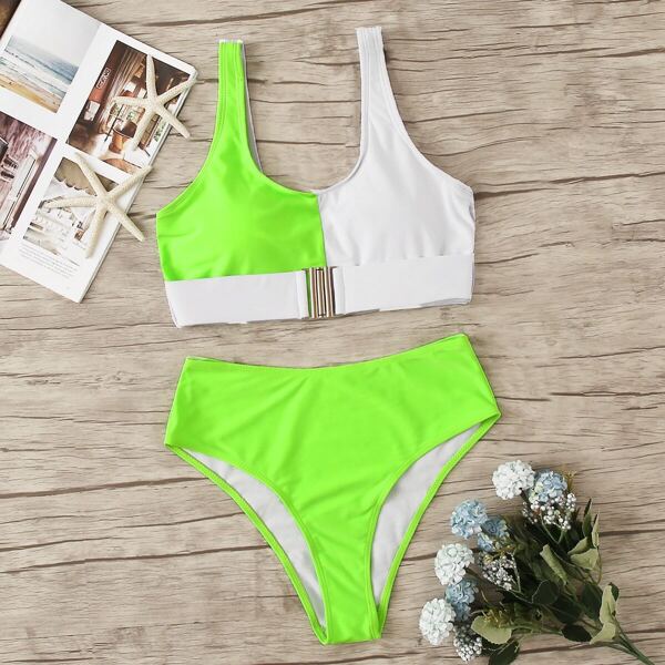 

Neon Green Buckle Front Top With High Waist Bikini, Multicolor bright