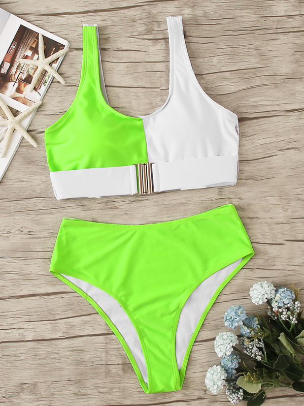 

Neon Green Buckle Front Top With High Waist Bikini, Multicolor