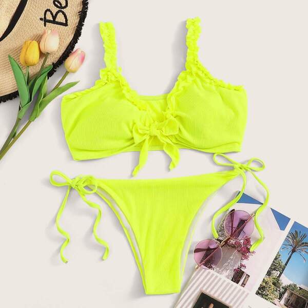 

Neon Yellow Frill Top With Tie Side Bikini Set