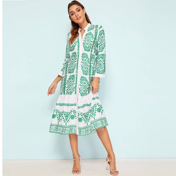 

Tribal Print Shirt Dress, Green