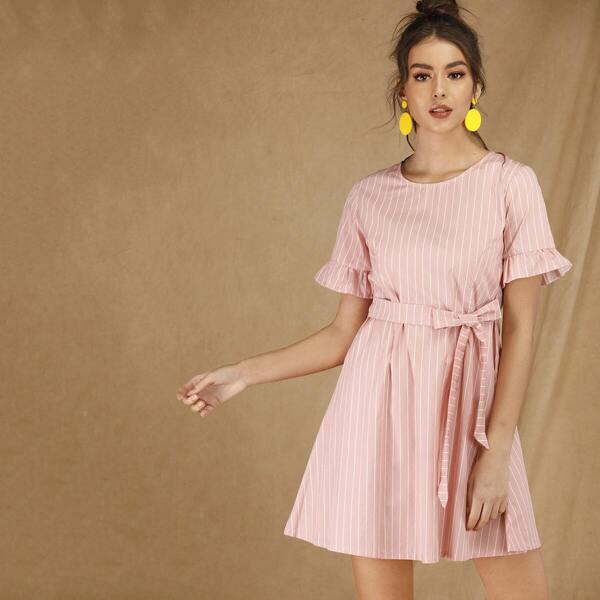 

Self Tie Flounce Sleeve Belted Dress