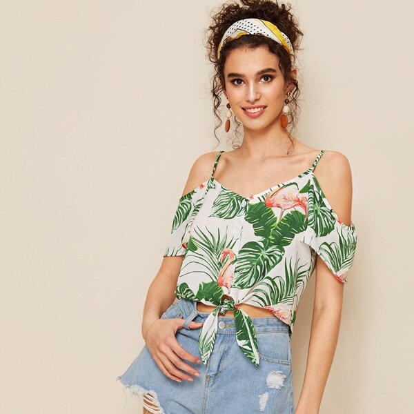 

Tropical Cold Shoulder Knot Front Cami Blouse