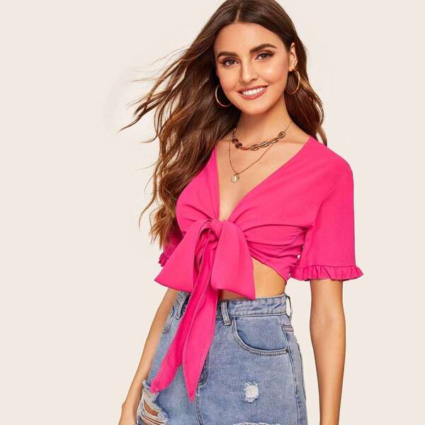 

Neon Pink Tie Front Contrast Frill Cuff Crop Blouse