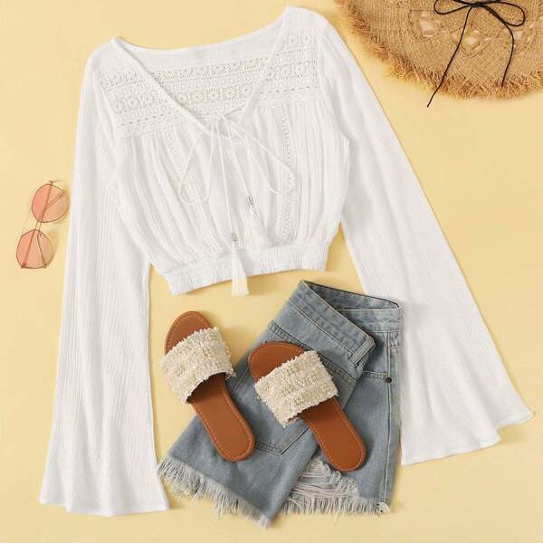 

Crochet Tie Neck Crop Blouse, White