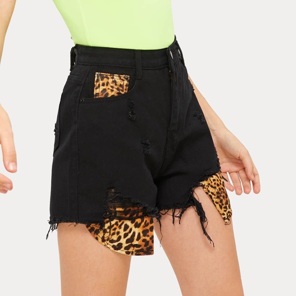 

Contrast Leopard Print Ripped Denim Shorts