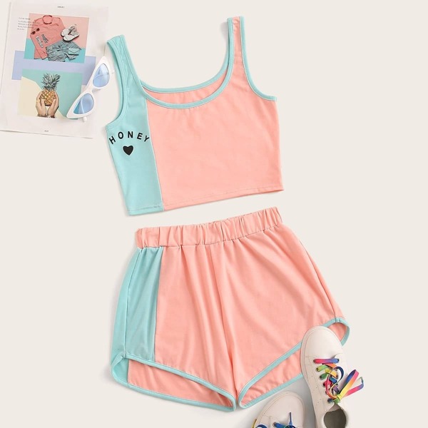 

Cut And Sew Letter Print Top With Shorts