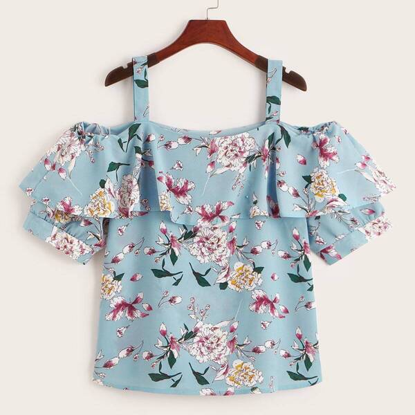 

Floral Print Ruffle Trim Cami Blouse, Blue
