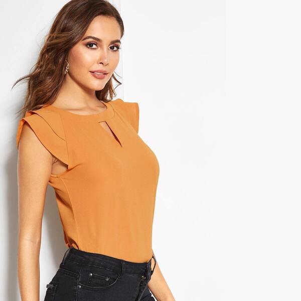 

V-cut Neck Tiered Cap Sleeve Keyhole Back Blouse