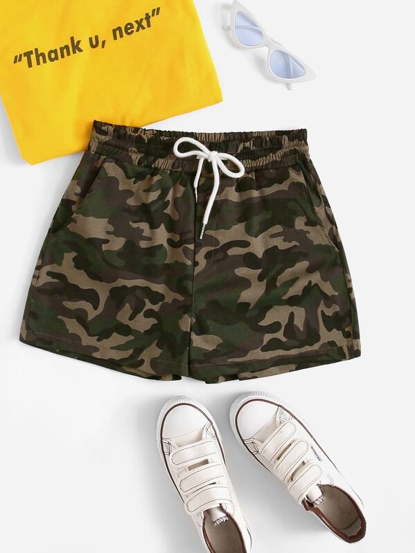 

Camo Print Drawstring Waist Utility Shorts, Multicolor