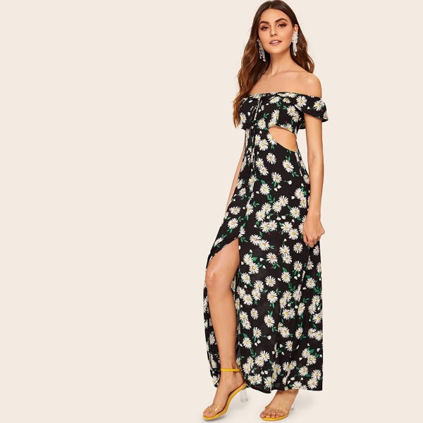 

Sunflower Print Tie Neck Cut Out Off Shoulder Dress